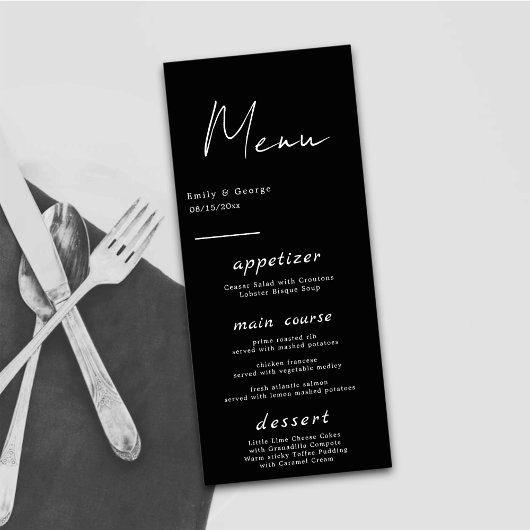 Eenvoudig modern zwart en wit elegant kleurig huwe menu