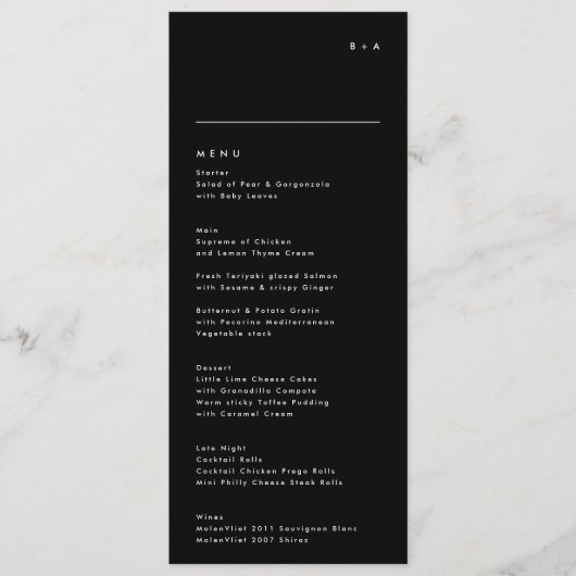 Eenvoudig modern zwart Onyx Tuxedo Monogram Wedden Menu (Voorkant)