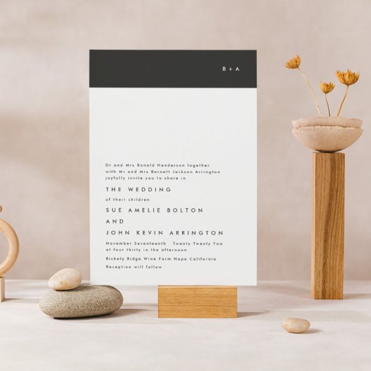 Eenvoudig modern zwart Stripe Monogram Weddenschap Kaart