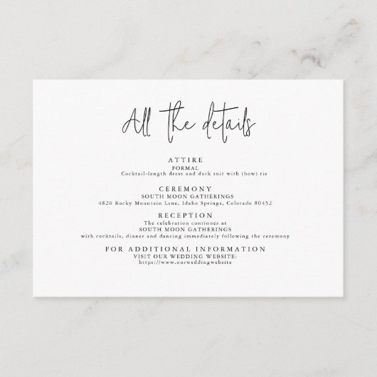 Eenvoudig modern zwart-wit alle details informatiekaartje (Voorkant)