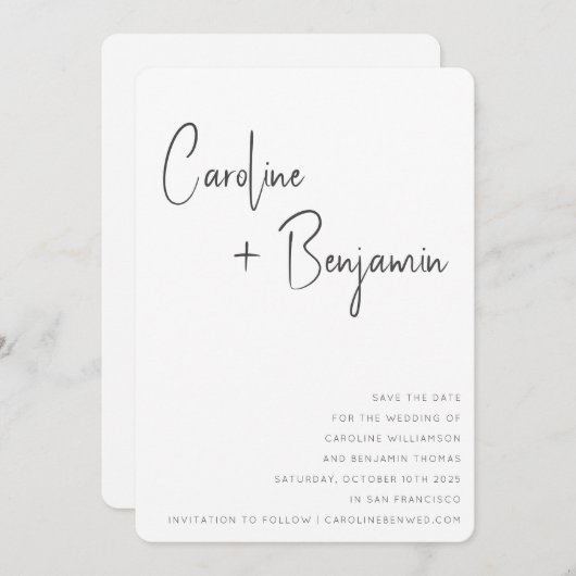 Eenvoudig modern zwart-wit Boho-script huwelijk Save The Date (Voorkant / Achterkant)