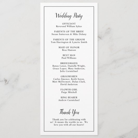 Eenvoudig modern zwart-wit elegant huwelijk programmakaart (Achterkant)