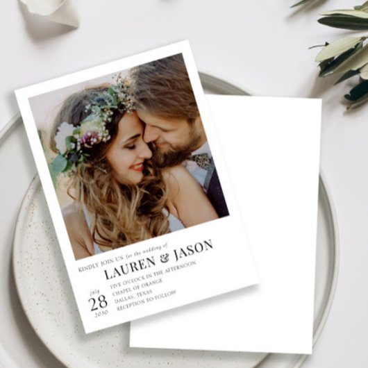 Eenvoudig modern zwart-wit fotohuwelijk kaart