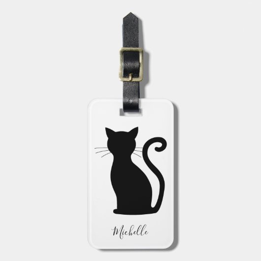 Eenvoudig modern zwart-wit kattezwart bagagelabel (Voorkant verticaal)