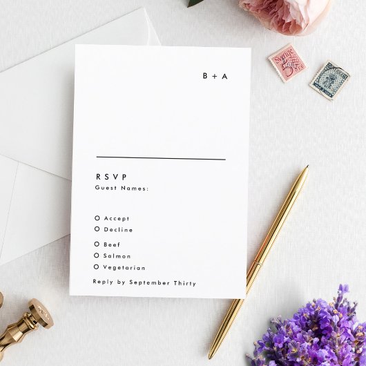 Eenvoudig modern zwart-wit monogram huwelijk RSVP kaartje