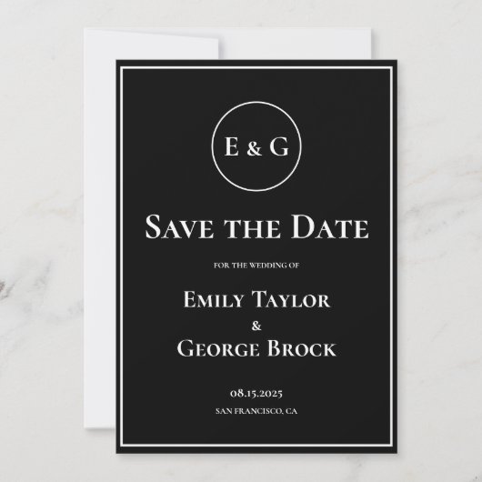 Eenvoudig modern zwart-wit monogram huwelijk save the date (Voorkant)