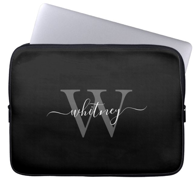 Eenvoudig Modern Zwart-wit Monogram Initiaal Laptop Sleeve (Voorkant)