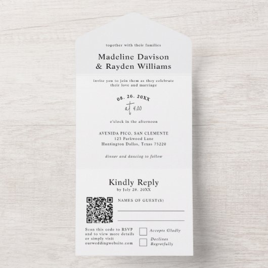Eenvoudig Modern Zwart-Wit QR Code Bruiloft All In One Uitnodiging (Binnen)