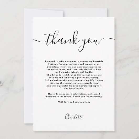Eenvoudig modern Zwart-wit script afstuderen Bedankkaart (Voorkant)