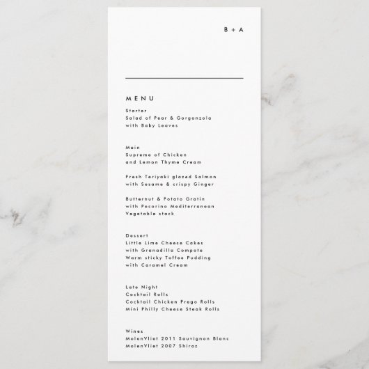 Eenvoudig modern zwart-witmonogram bruiloft menu (Voorkant)