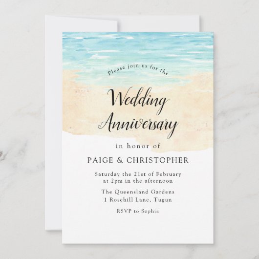 Eenvoudig Moderne Aquarel Strand Huwelijksjubileum Kaart (Voorkant)