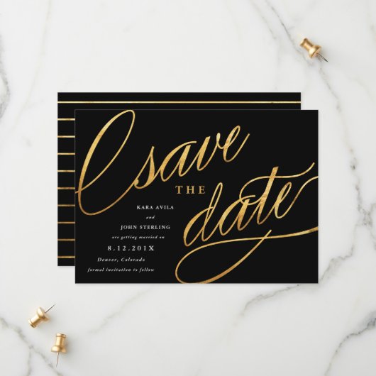 Eenvoudig Moderne Bewaar de Data | Zwart & Goud Save The Date (Voorkant / Achterkant in situ)