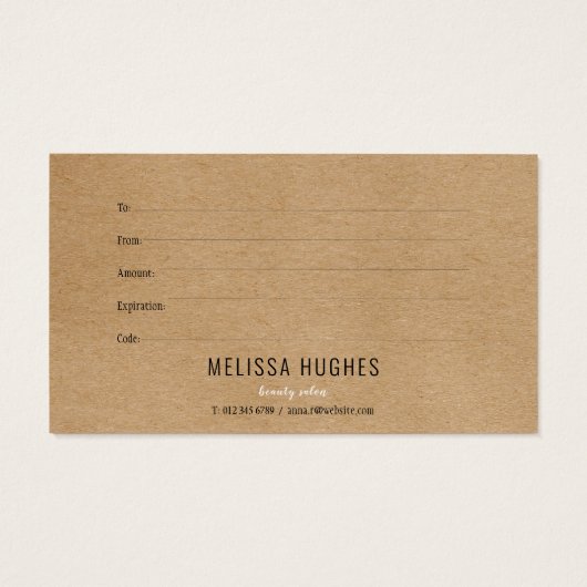 Eenvoudig Moderne Rustieke Kraft Cadeaubon Visitekaartje (Achterkant)
