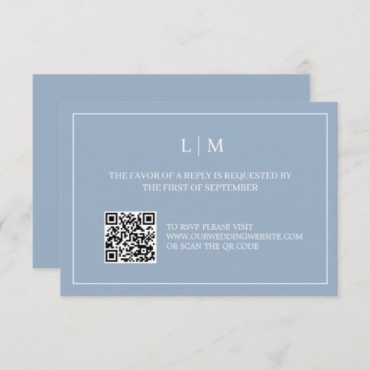 Eenvoudig Monogram Blauw QR Code Bruiloft RSVP Kaa Bedankkaart (Voorkant / Achterkant)