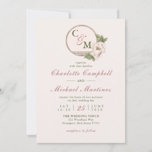 Eenvoudig Monogram Blush Pink Peony Wedding Invita Kaart