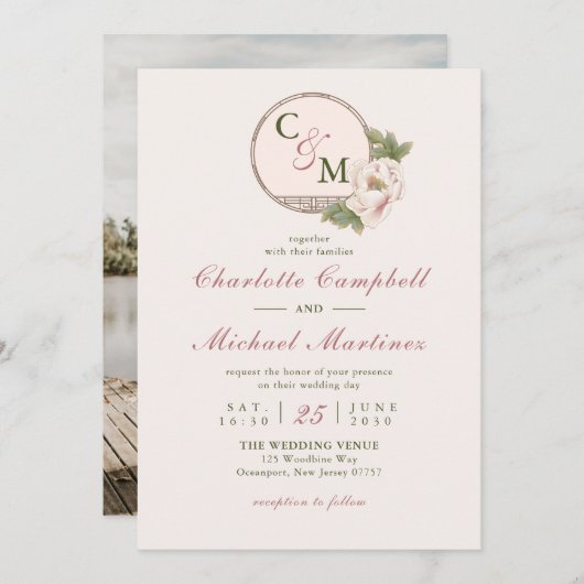 Eenvoudig Monogram Blush Pink Peony Wedding Kaart (Voorkant / Achterkant)