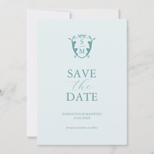 Eenvoudig Monogram Bord Blauw Sla de datum op Save The Date (Voorkant)
