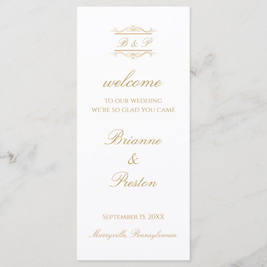 Eenvoudig Monogram Elegant Gouden Script Bruiloft Programmakaart (Voorkant)