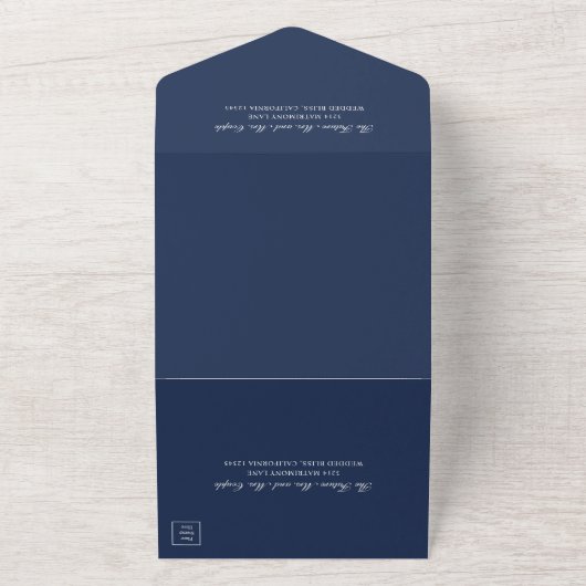 Eenvoudig Monogram Elegant Navy Blue Wedding All In One Uitnodiging (Buitenkant)