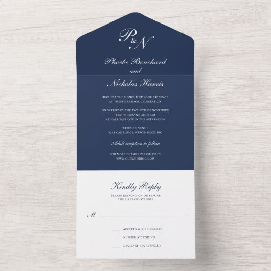 Eenvoudig Monogram Elegant Navy Blue Wedding All In One Uitnodiging (Binnen)