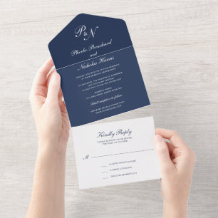 Eenvoudig Monogram Elegant Navy Blue Wedding All In One Uitnodiging