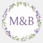 Eenvoudig Monogram Elegant Paarse Bloemen Bruiloft Ronde Sticker (Voorkant)