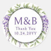 Eenvoudig Monogram Elegant Paarse Bloemen Bruiloft Ronde Sticker (Voorkant)