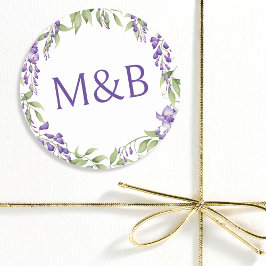 Eenvoudig Monogram Elegant Paarse Bloemen Bruiloft Ronde Sticker
