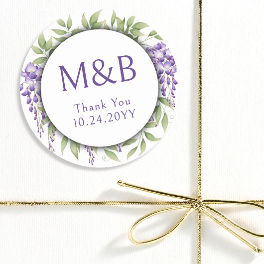 Eenvoudig Monogram Elegant Paarse Bloemen Bruiloft Ronde Sticker