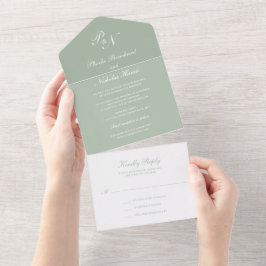 Eenvoudig Monogram Elegant Sage Green Wedding All In One Uitnodiging