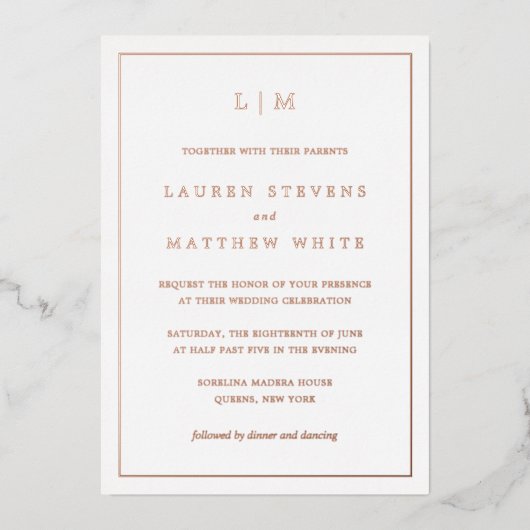 Eenvoudig Monogram Elegante Bruiloft Folie Uitnodiging (Voorkant)