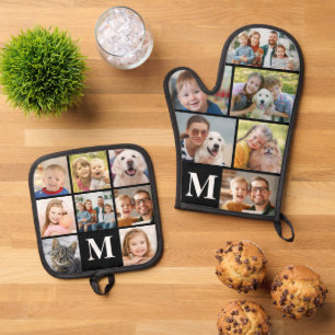 Eenvoudig Monogram Fotocollage Mitt 6 Potholder 8 Ovenwant & Pannenlap Set