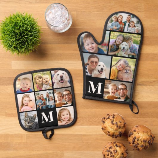 Eenvoudig Monogram Fotocollage Mitt 6 Potholder 8 Ovenwant & Pannenlap Set (Top down)