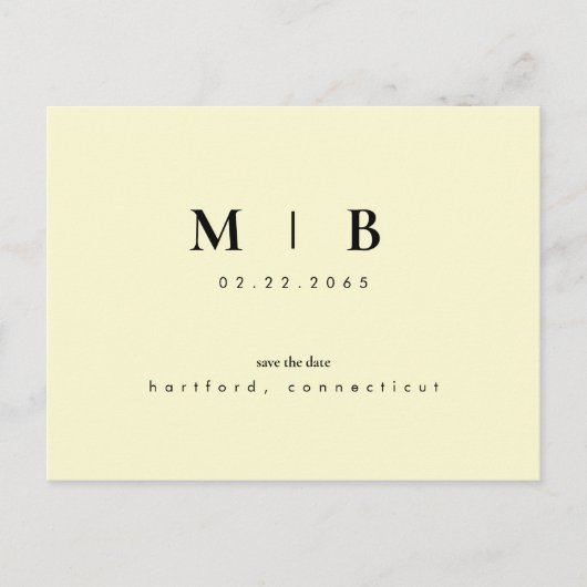 Eenvoudig Monogram Geel Huwelijk Sla de Datum op Briefkaart (Voorkant)