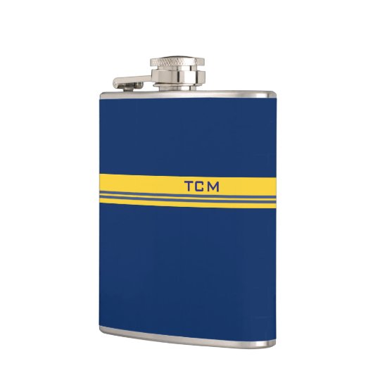 Eenvoudig monogram in donkerblauw en geel heupfles (Links)