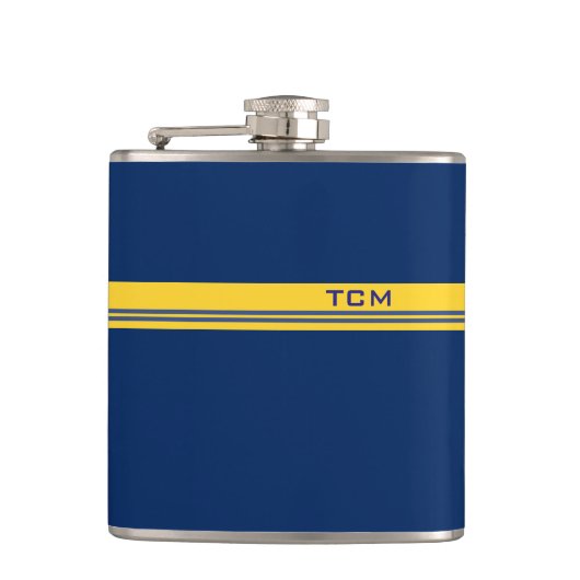 Eenvoudig monogram in donkerblauw en geel heupfles (Voorkant)