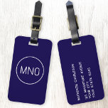 Eenvoudig Monogram Initialen Minimalistisch Marine Bagagelabel<br><div class="desc">Moderne typografie minimalistische monogram initiaal ontwerp dat kan worden gewijzigd om te personaliseren. Eenvoudige cirkelvormige rand om de initialen te lijsten. Verander de initialen en gegevens op de achterzijde om te personaliseren. Nautische marine blauw en wit.</div>
