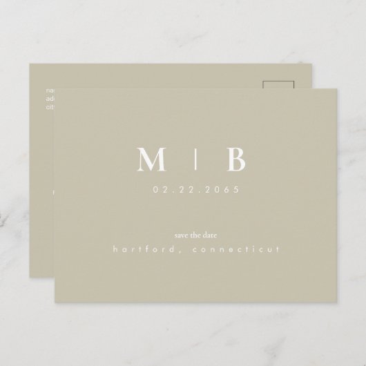 Eenvoudig Monogram Khaki Weddenschap redt de Datum Briefkaart (Voorkant / Achterkant)