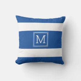 Eenvoudig monogram koninklijk blauw en witte strep buitenkussen