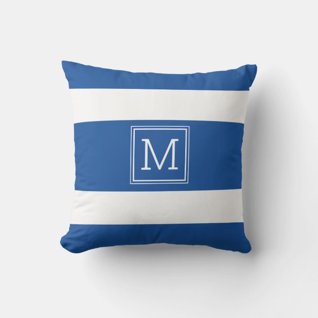Eenvoudig monogram koninklijk blauw en witte strep buitenkussen (Voorkant)