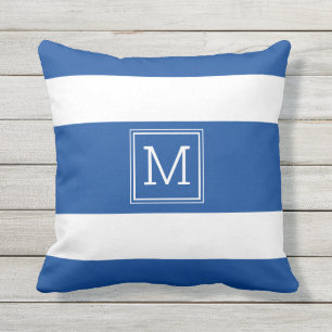 Eenvoudig monogram koninklijk blauw en witte strep buitenkussen