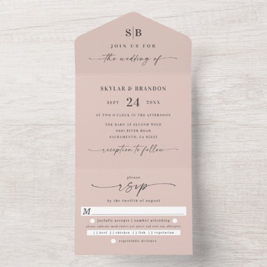 Eenvoudig Monogram Licht Blush Pink Weddenschap All In One Uitnodiging (Binnen)