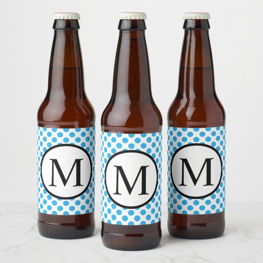 Eenvoudig monogram met blauwe pooldots bier etiket (Flessen)