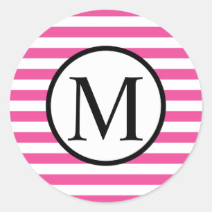 Eenvoudig monogram met roze horizontale strepen ronde sticker