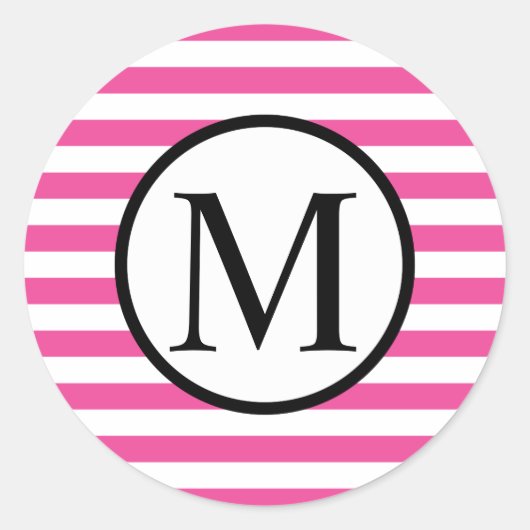 Eenvoudig monogram met roze horizontale strepen ronde sticker (Voorkant)