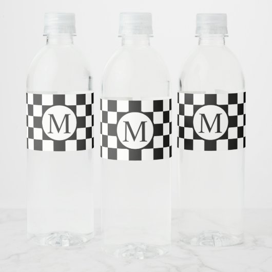 Eenvoudig Monogram met Zwart Checkerboard Waterfles Etiket (Flessen)