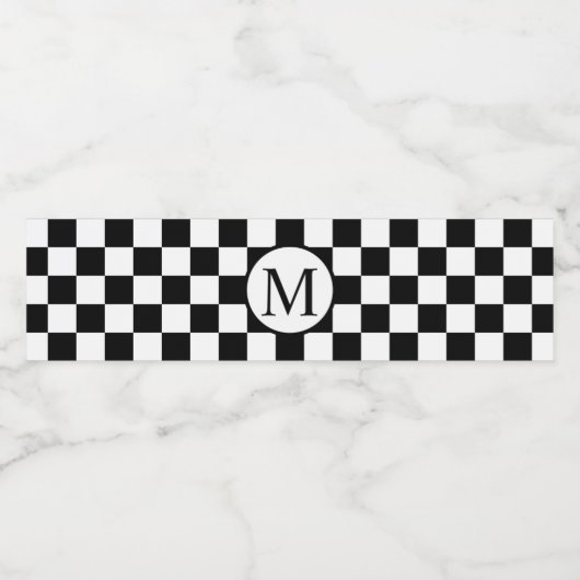 Eenvoudig Monogram met Zwart Checkerboard Waterfles Etiket (Enkel label)