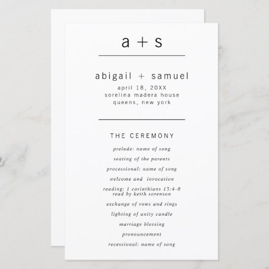 Eenvoudig Monogram Minimalistisch Modern Trouwprog (Voorkant / Achterkant)