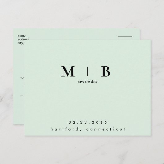 Eenvoudig Monogram Mint QR Code Bewaar de datum Briefkaart (Voorkant / Achterkant)