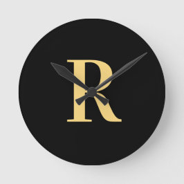 Eenvoudig Monogram Modern Zwart Goud Ronde Klok